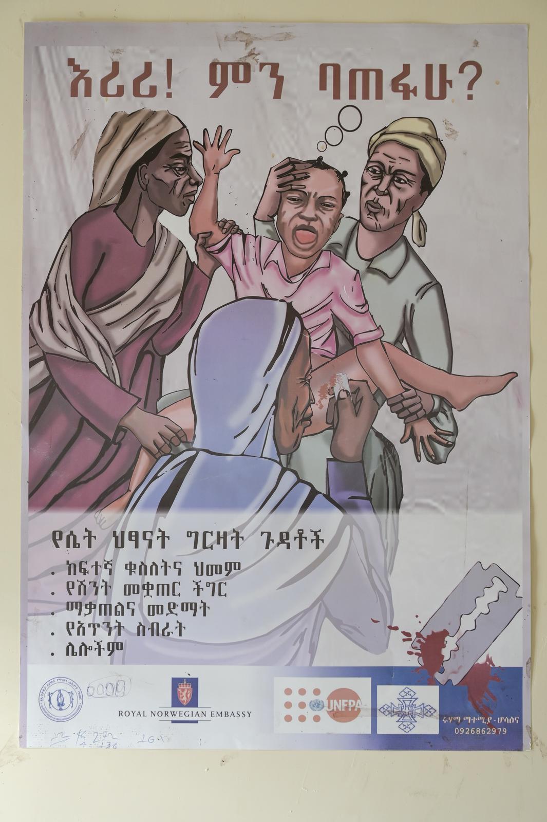 Plakat gegen weibliche Genitalbeschneidung: Drei Frauen halten eine Frau, die beschnitten werden soll und schreit.