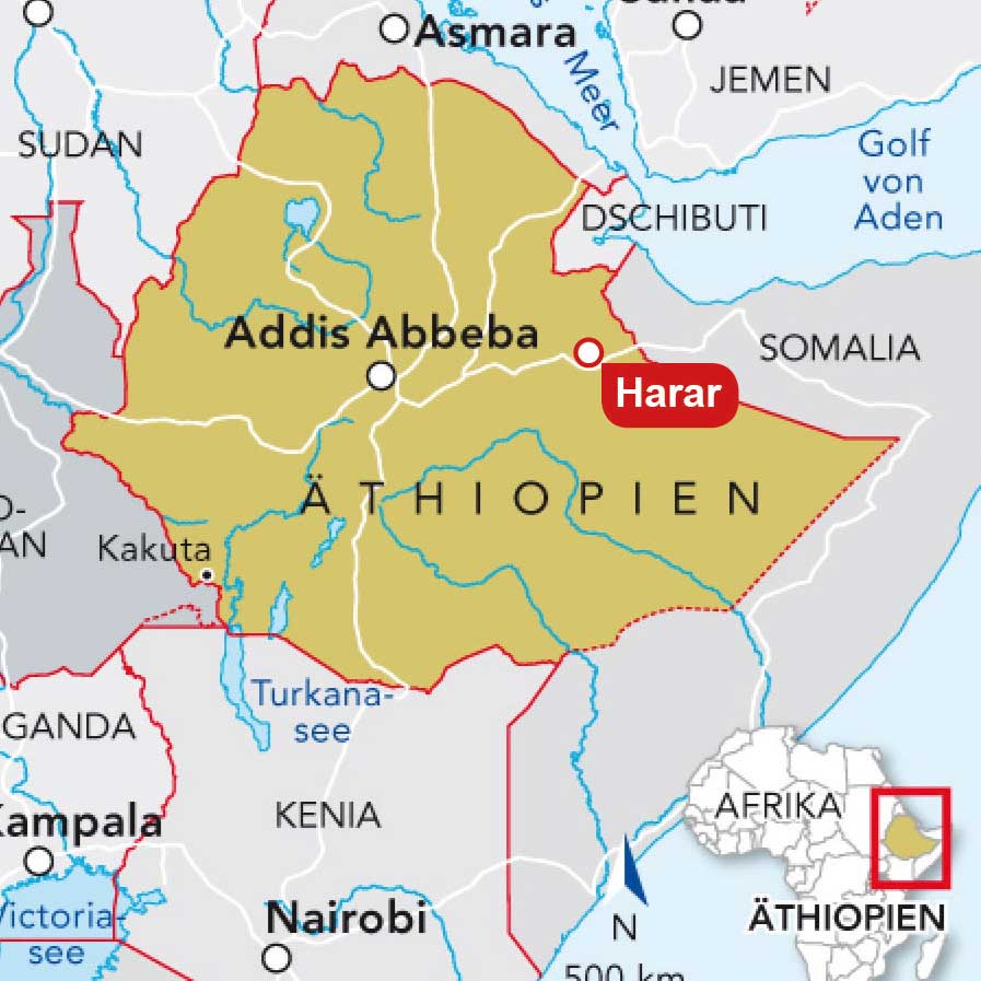 Landkarte von Äthiopien. Hervorgehoben ist Harar im Osten des Landes.