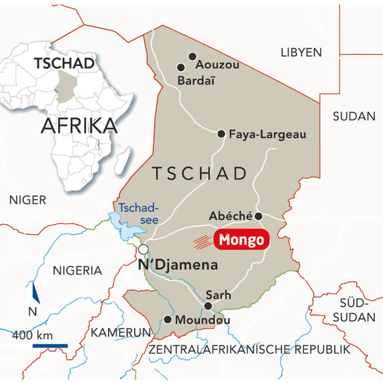 Landkarte vom Tschad, markiert ist das Vikariat Mongo, östlich der Hauptstadt N'Djamena.