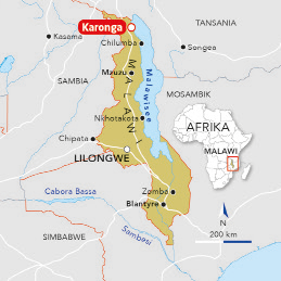 Landkarte von Malawi. Hervorgehoben ist Karonga, ganz im Norden des Landes.