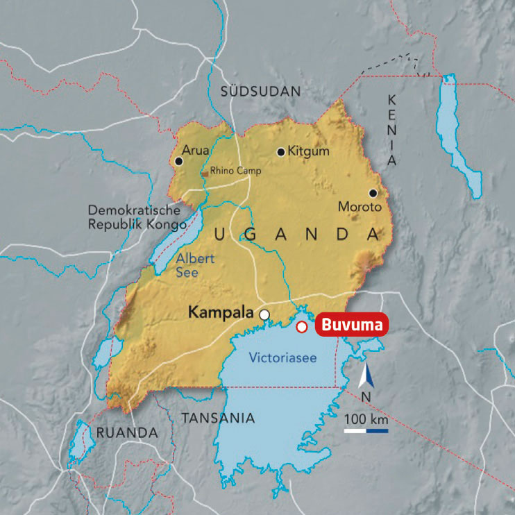 Landkarte von Uganda mit dem Victoriasee ganz im Süden. Hervorgehoben ist die Inselgruppe Buvuma.