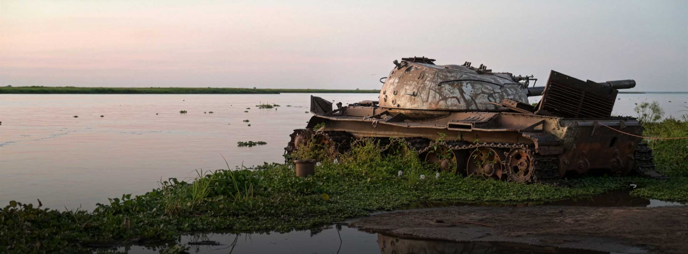 Ein rostiger Panzer steht an einem Fluss. Die abendliche Lichtstimmung färbt das Wasser in Pastelltöne. Foto: Jörg Böthling