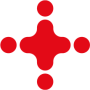 Logo von missio München: rotes, gleichschenkliges Kreuz mit abgerundeten Enden. An jedem Ende ist mit kleinem Leerabstand ein roter Punkt in der Dicke der Kreuzarme.